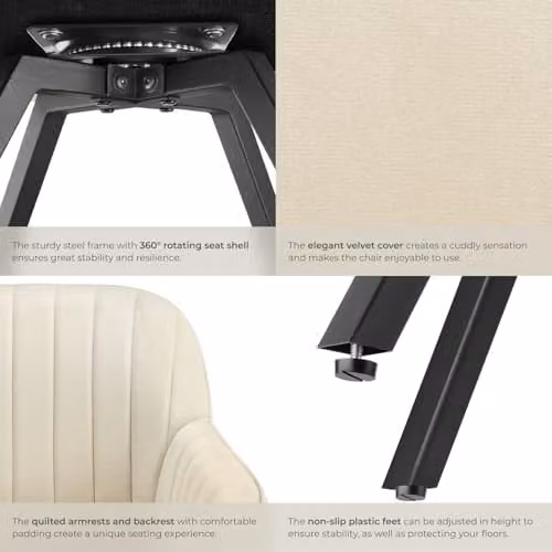 tectake Set of 2 Beige Velvet Swivel Armchairs with Metal Frame and Armrests – 5