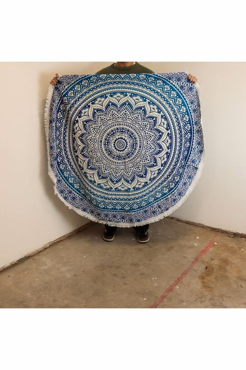 KDMD Blue and White Geometric Mandala Round Cotton Wall Decor and Boho Meditation Mat, Diameter: 130 cm – 2