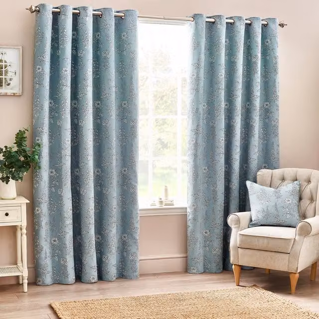 Make It A Home Set of 2 Sophia Jacquard Floral Eyelet Curtains in Blue and Green, Width: 137 cm