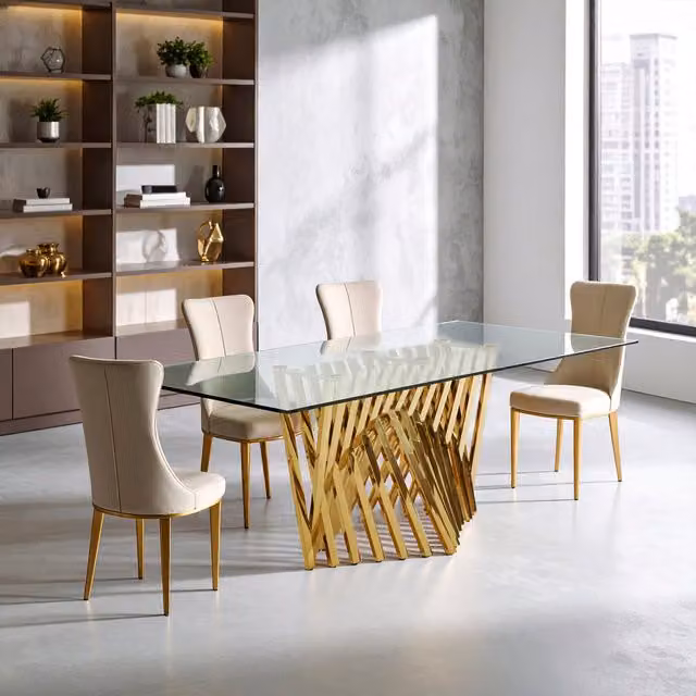Orsina Arezzo Rectangular Tempered Glass Top Dining Table with Gold X-Frame – 1
