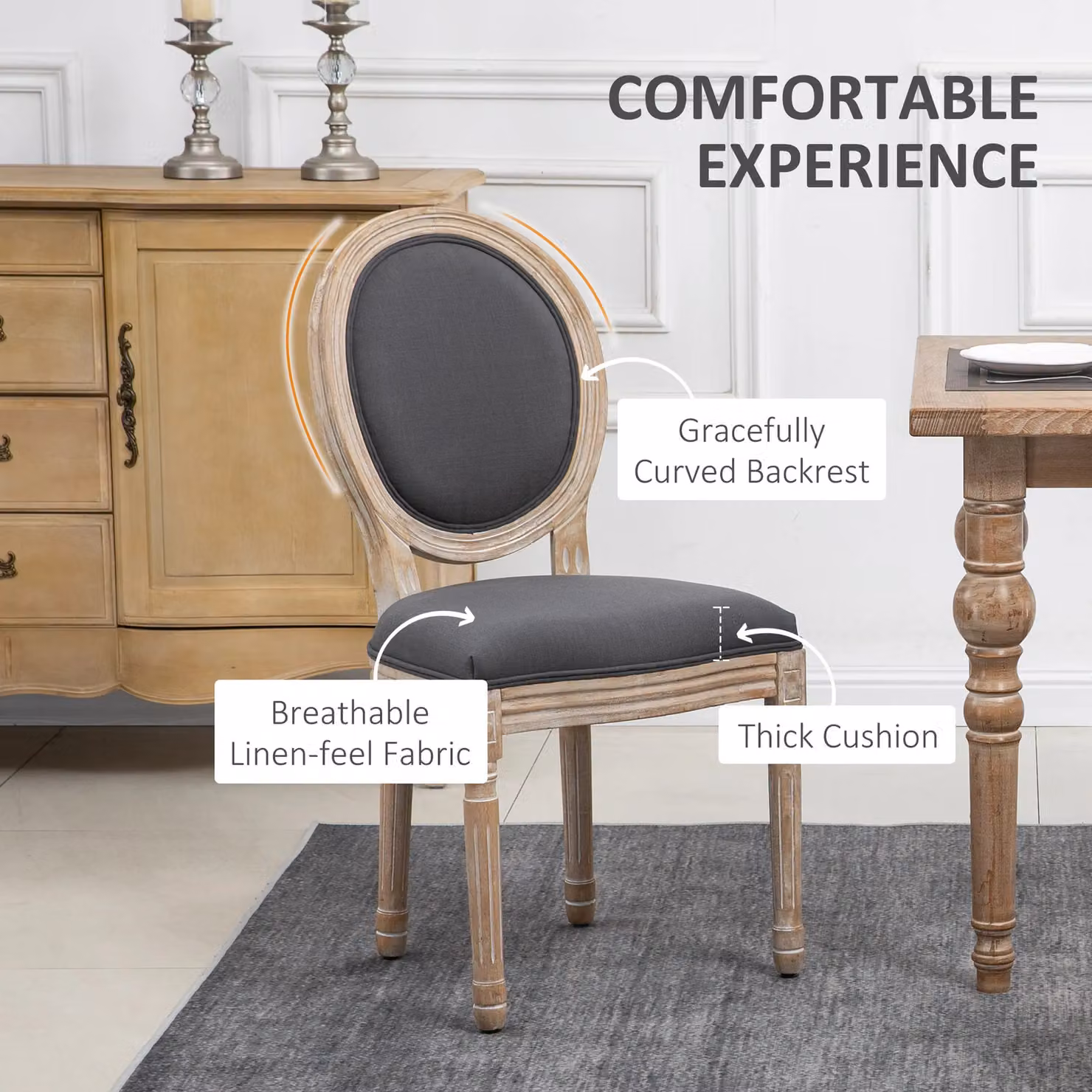 HOMCOM Set of 2 French-Style Dining Chairs with Grey Linen Fabric Upholstery and Solid Wood Frame – 5