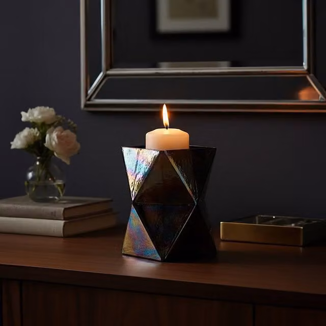 Orsina Rambia Large Oil Slick Glass Taper Candle Holder, Multicolour, Square Geometric Design