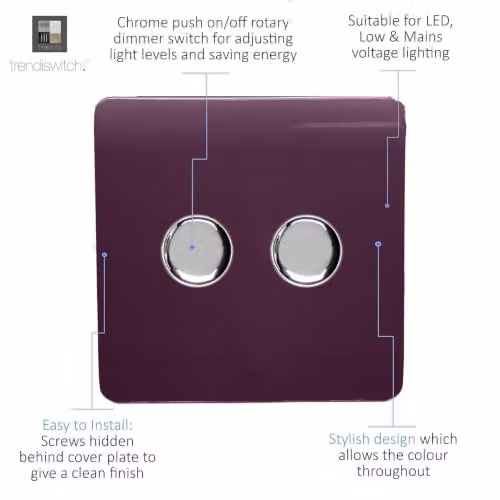 Trendi 2 Gang 2 Way 120w LED Dimmer Switch in Glossy Plum Purple – 3