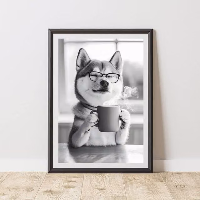 60 SECOND MAKEOVER Funny Shiba Inu Drinking Coffee Paper Poster, Multicolour and Grey, W: 21.0 cm, H: 29.7 cm