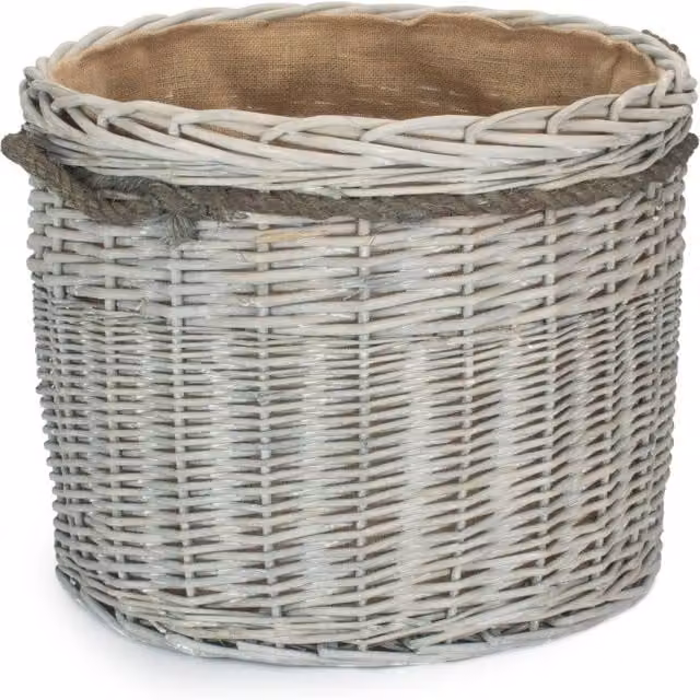 Red Hamper Set of 3 Grey Wash Wicker Rattan Log Baskets with Hessian Lining and Handles