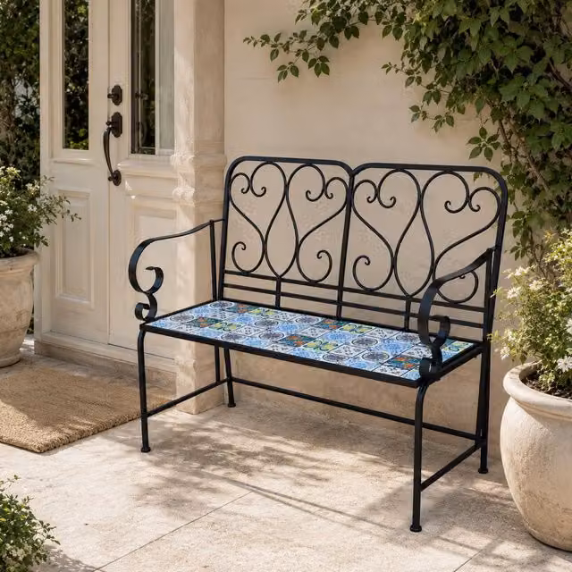 Shatchi Lisbon Mosaic 2 Seater Garden Bench with Black Metal Frame and Ceramic Tile Seat