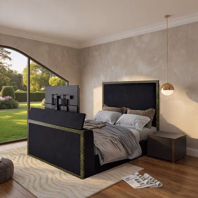 KDMD Adisham Upholstered Electric Media TV Bed Frame in Black, Small Double