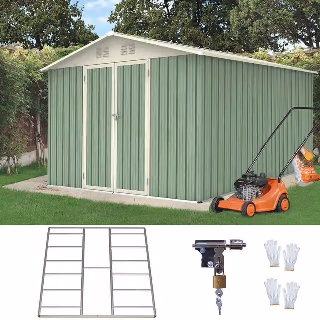 BIRCHTREE Metal Garden Shed with Double Doors and Gable Roof in Green, W: 304.8 cm, D: 243.84 cm, H: 182.88 cm