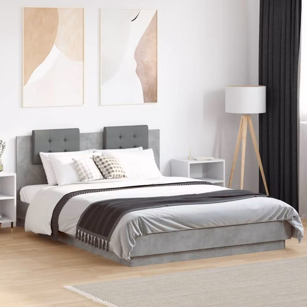 Berkfield Home Modern Upholstered King Size Bed Frame with LED Under-Bed Lighting and USB Charging Port, Concrete Grey, W: 150 cm, L: 200 cm – 2