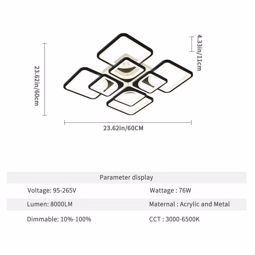 NIVOR Modern Black 8 Square Dimmable LED Ceiling Light with Remote Control – 2
