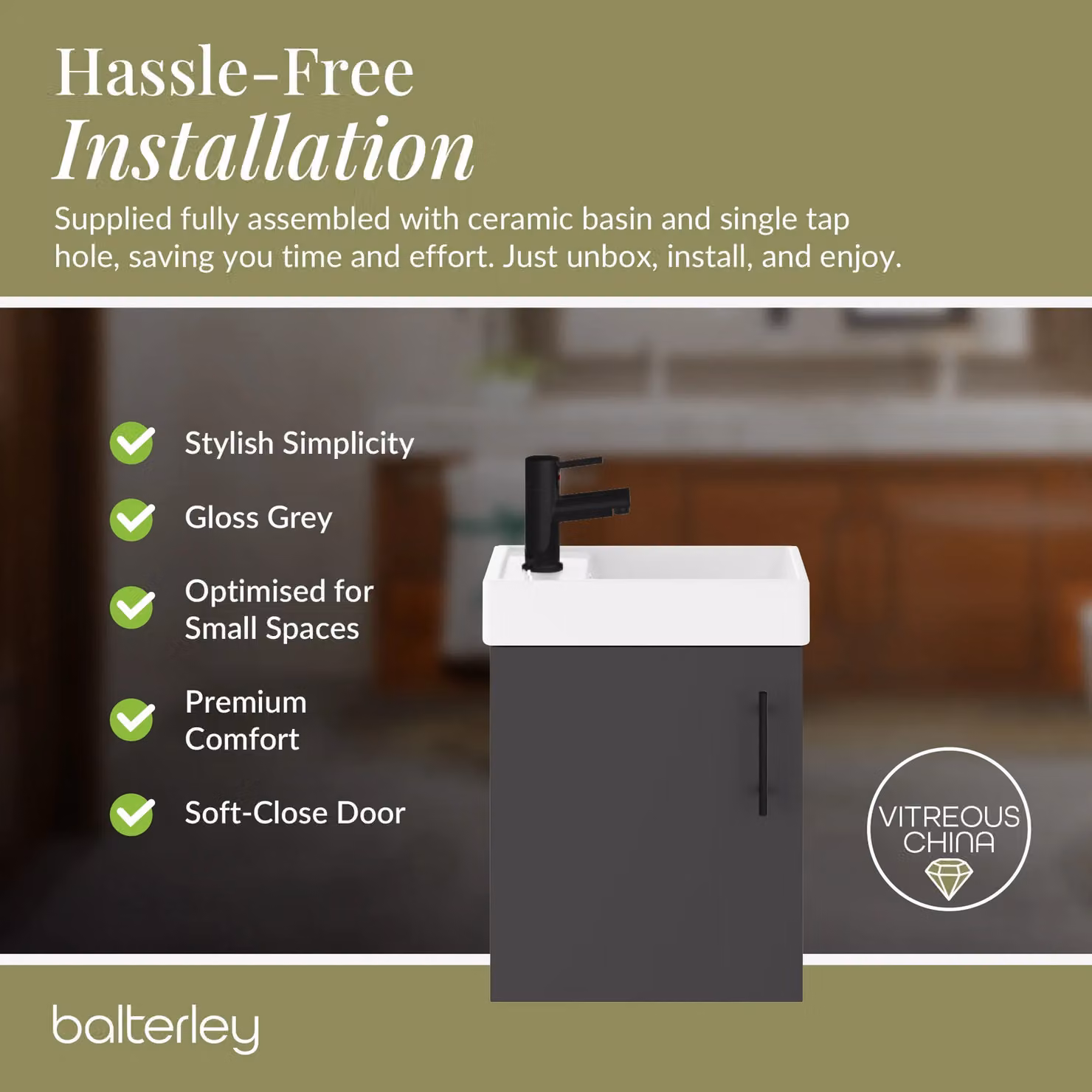 Balterley Wall Mounted Gloss Grey Vanity Basin with Matt Black Handle, Width: 40 cm – 5