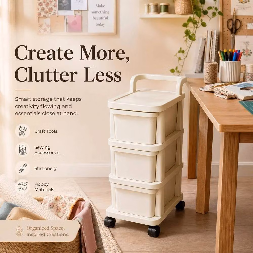 FORGEVIO 3-Tier Plastic Storage Trolley with Castors in Off-White – 3