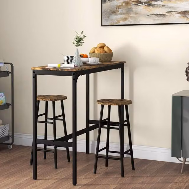 HOMCOM 3 Piece Industrial Kitchen Bar Set with Rectangular Table and Chairs in Oak Brown and White – 1