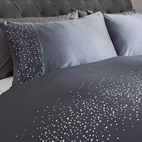 Sleepdown Gem Embellished Mako Satin Duvet Cover and Pillowcase Bedding Set, Charcoal Grey, W: 200 cm, H: 200 cm – 3