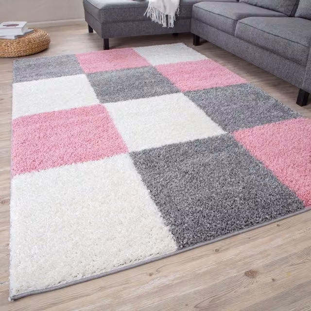 THE RUGS Soft Check High Pile Shaggy Rug in Pink, W: 180 cm, D: 270 cm