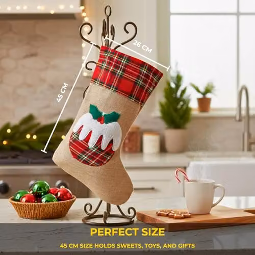 Shatchi Large Christmas Pudding Xmas Stocking in Brown Burlap Hessian Linen, W/H: 26 x 45 cm – 3