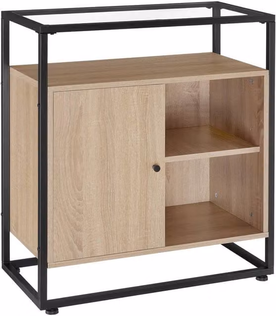 tectake Coventry Sideboard in Light Oak with Glass Tabletop and Open Shelves – 1