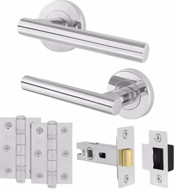 AFIT Chrome T-Bar Door Handles with Round Rose and Latch Hinges, Silver, 150 x 150 mm