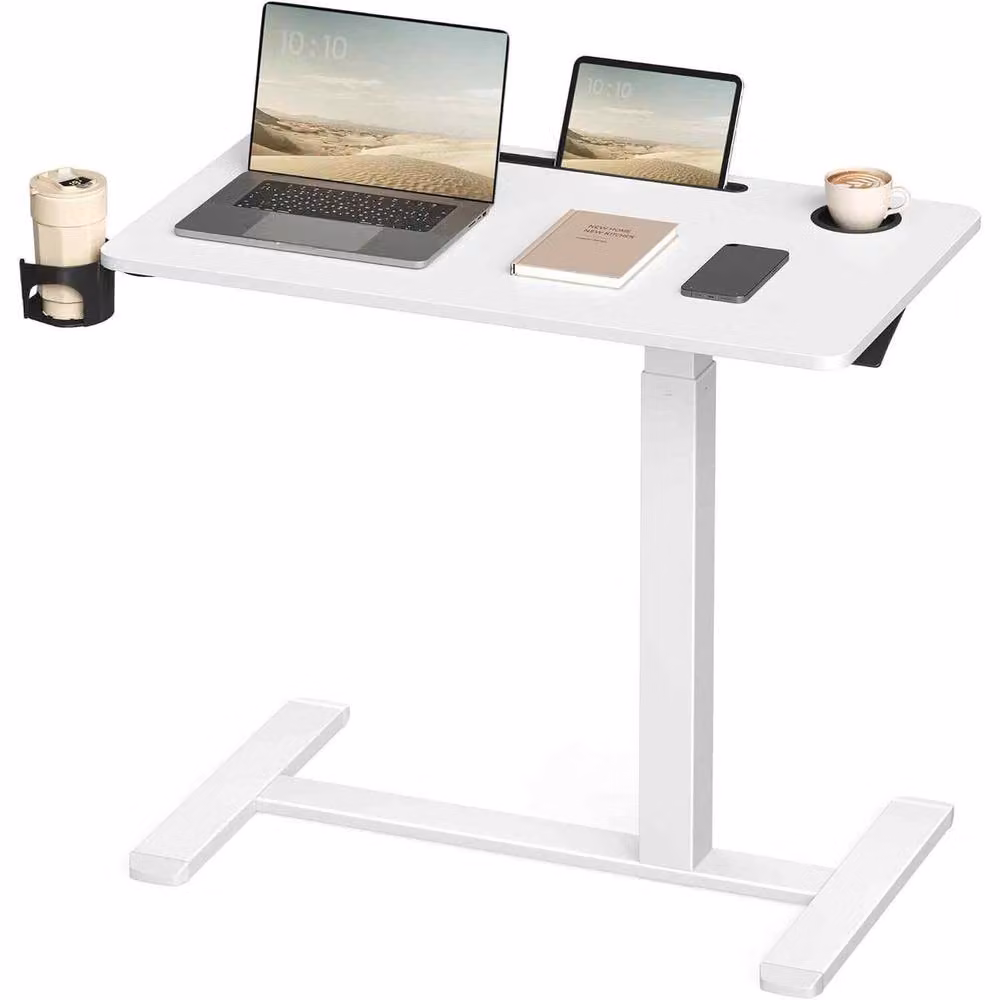The Bazaarist Adjustable Rolling Overbed Desk with Cup Holder in White – 2