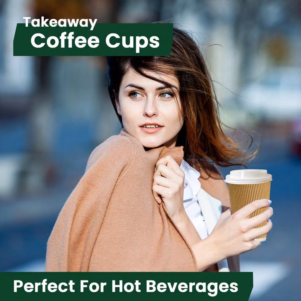 ECONX 500 Brown Ripple Paper Coffee Cups with White Lids, 8oz – 8