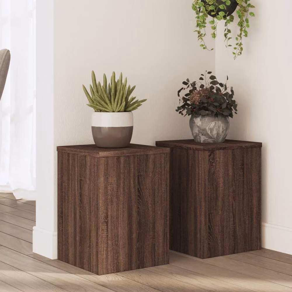 Berkfield Home Set of 2 Modern Square Plant Stands in Brown Oak, W/D/H: 25 x 25 x 35 cm – 2