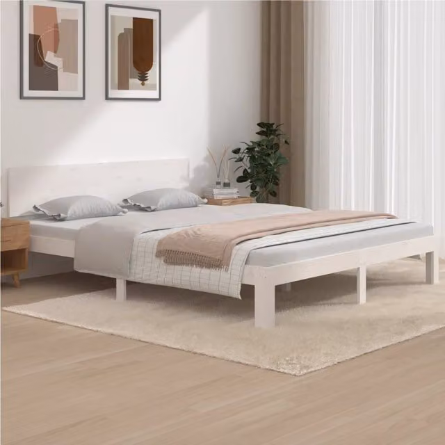 Berkfield Home White Solid Pine Wood Bed Frame W/D/H: 160 x 200 cm