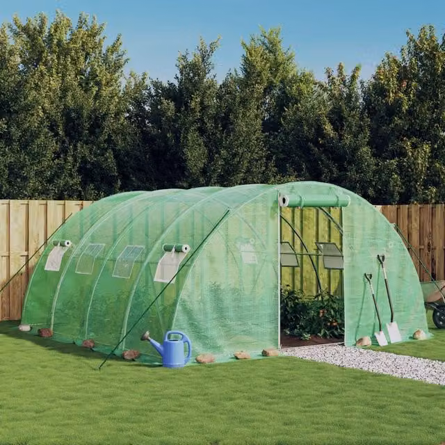Berkfield Home Green Steel Frame Greenhouse with Plastic Windows, W/D/H: 4 x 4 x 2 m