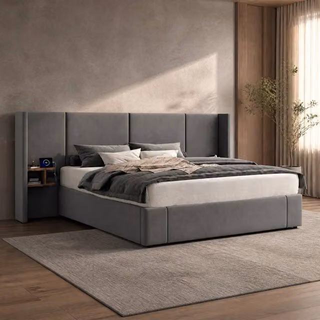 STILVORA Grey Upholstered Ottoman Bed with 2 Bedside Tables and USB Charging Ports, W/D/H: 180 x 200 cm – 1