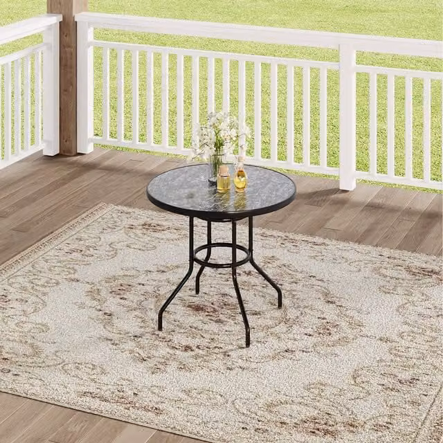 Komore Black Marble Effect Tempered Glass Garden Table with Abstract Minimalist Design