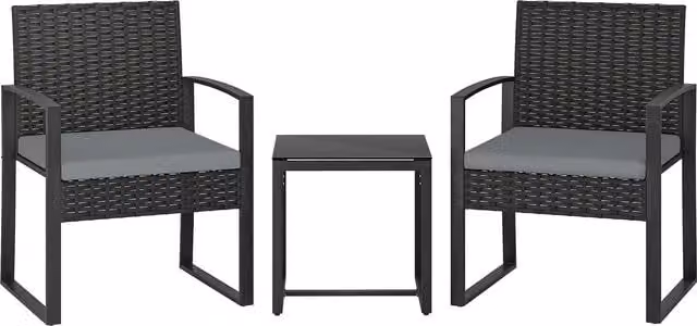 Outsunny 3 Piece Rattan Bistro Set with Square Glass Top Table and Chairs in Grey – 1