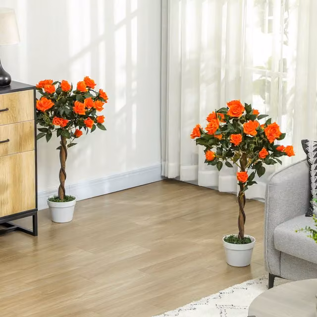 OUTSUNNY Set of 2 Orange Artificial Rose Trees, 90 cm Height