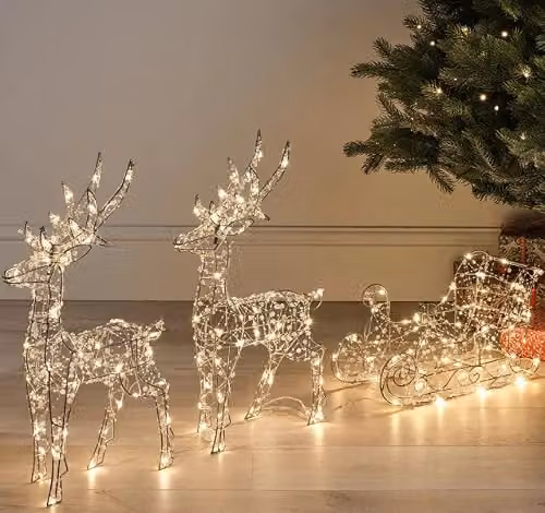 Lights4fun Set of 2 Beaded Micro Reindeers and Sleigh with Warm White Micro LED Lights in Silver, White and Transparent – 2