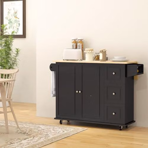 HOMCOM Black Kitchen Island with Drop Leaf and 3 Drawers, Rubberwood Top, W/D/H: 115 x 40 x 91.5 cm – 6