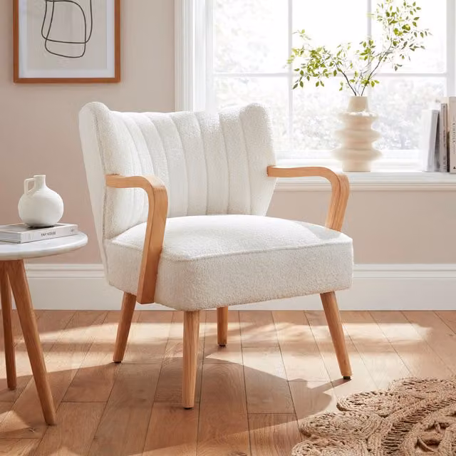 GFW Enzo Scandinavian Bouclé Fabric Accent Chair with Armrests in Beige and White