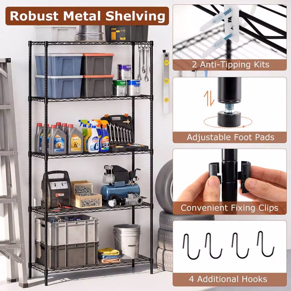 Gymax 5-Tier Adjustable Metal Wire Shelving Unit in Matt Black – 4
