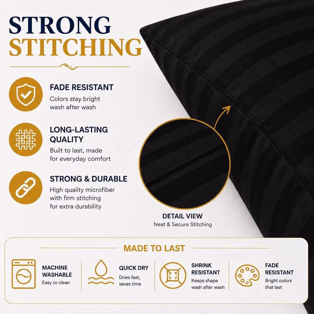 Homes-Linen Set of 2 Black Microfibre Striped Pillowcases, W/H: 50 x 70 cm – 3