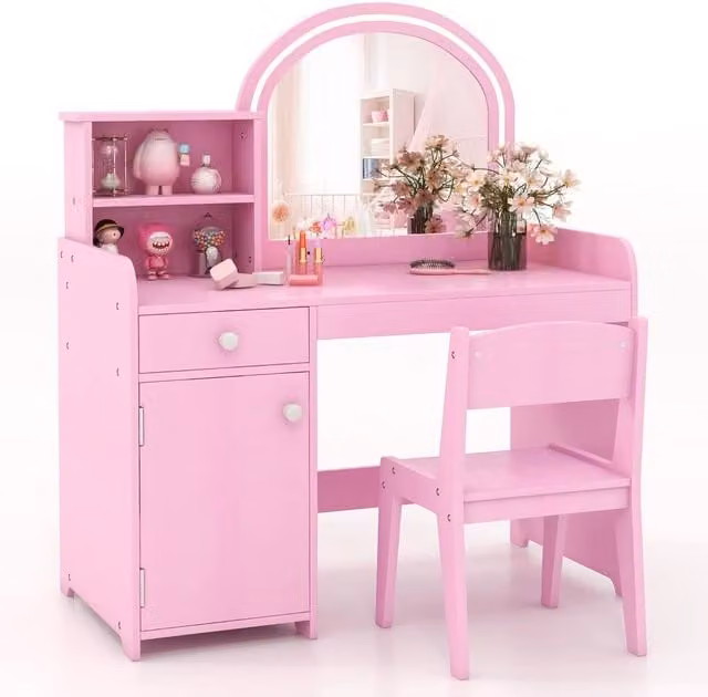 Gymax Pink Vanity Table and Chair Set Makeup Playset with Shelves and LED Light