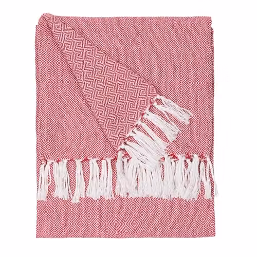 Riva Home Dessa Throw, Pink Woven Geometric Fringed Blanket, W: 130 cm, L: 180 cm