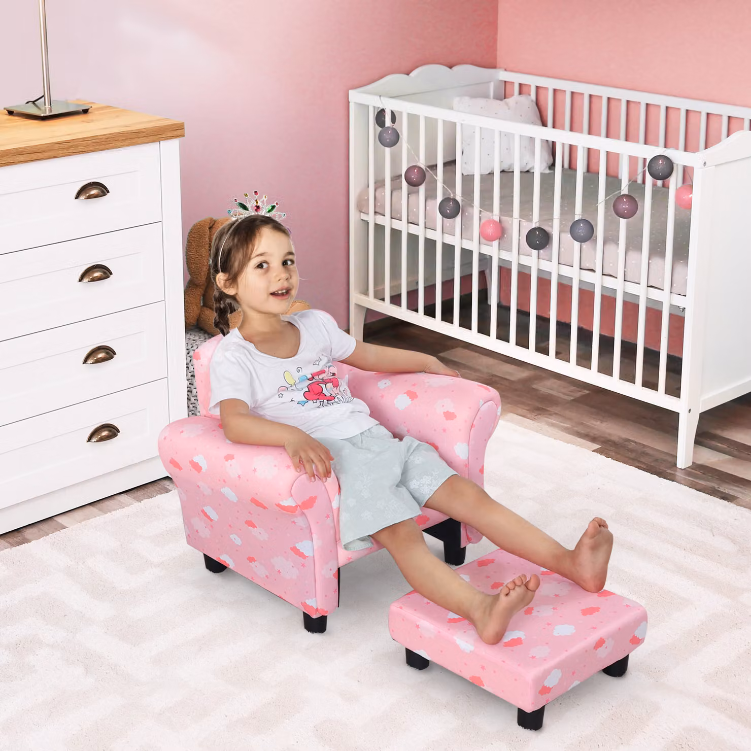 HOMCOM Kids Cloud Mini Sofa Armchair with Footrest and Wood Frame, Pink and White – 2