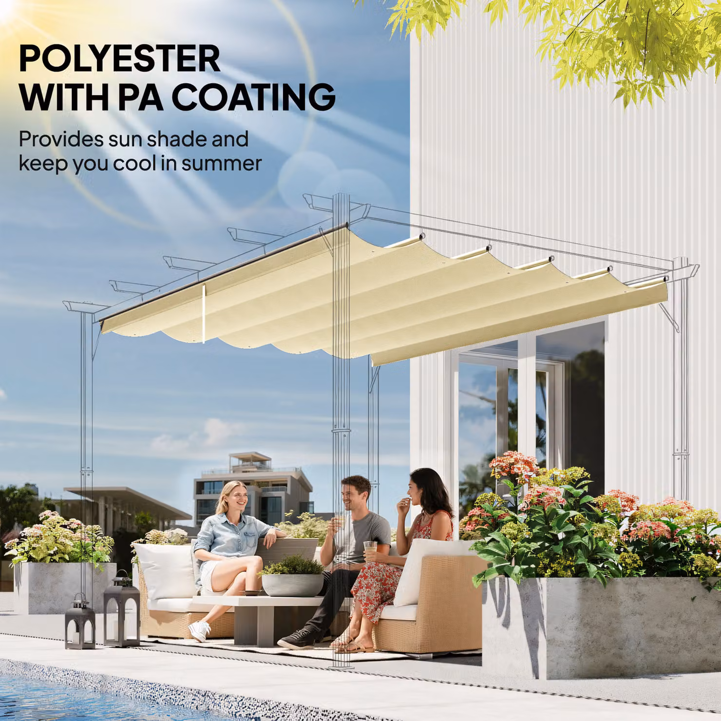 Outsunny Retractable Pergola Shade Cover Replacement Canopy in Cream White, W 400 cm x D 260 cm – 5