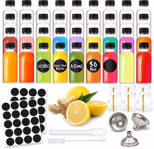 volila 30 Pack Clear Glass Juice Shot Bottles with Screw Caps