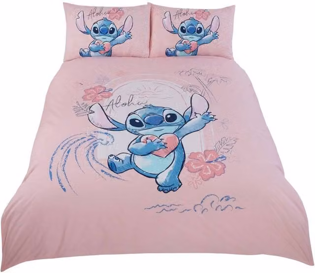 Lilo & Stitch Aloha Reversible Duvet Cover and Pillowcase Set, Pink, Single, W: 135 cm, L: 200 cm