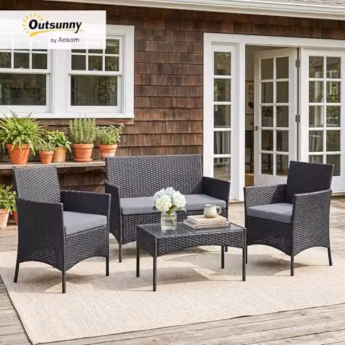 Outsunny 4 Seater Grey Rattan Garden Furniture Set with Metal Frame and Glass Table – 2