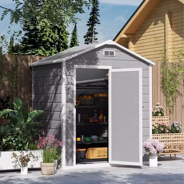 Outsunny Grey Plastic Garden Storage Shed with Floor and Window