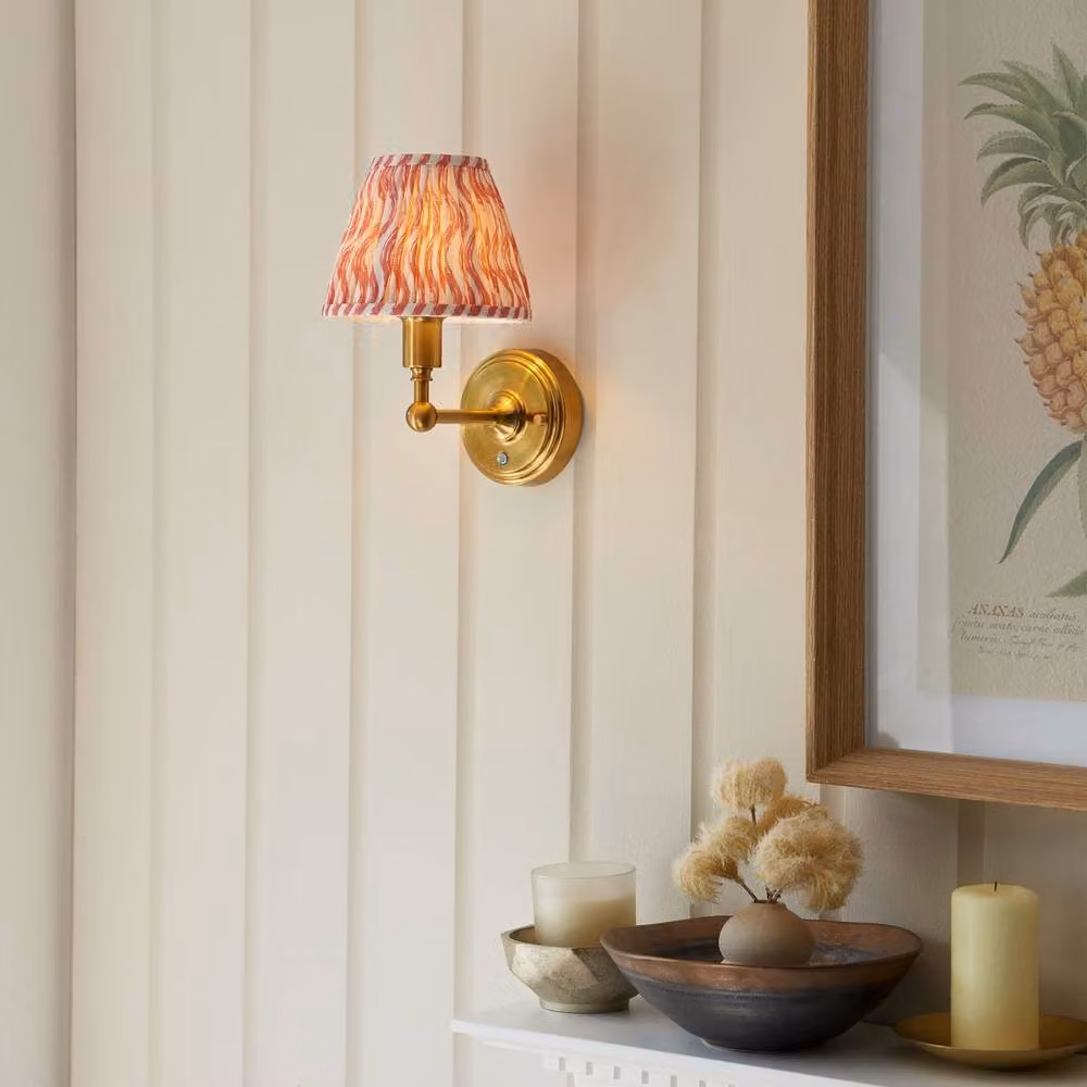 Netlighting Burley Rechargeable LED Wall Light with Pink Fabric Ripple Shade and Gold/Brass Metal Finish – 2