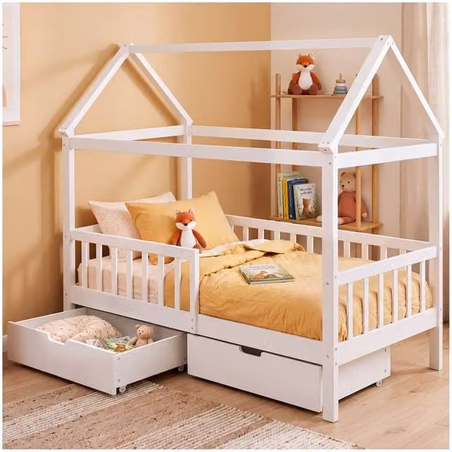 tectake Childrens House Frame Bed in White Lacquered Pine Wood with Drawers, W/D/H: 90 x 200 x 169 cm – 1