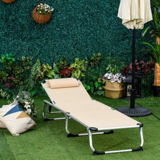 Outsunny Folding Outdoor Reclining Sun Lounger in Beige with Adjustable Headrest and Textilene Fabric