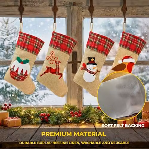 Shatchi Pack of 4 Rustic Burlap Christmas Stockings in Brown and Multicolour, 45 cm Hanging Sack Socks with Animal Designs – 4