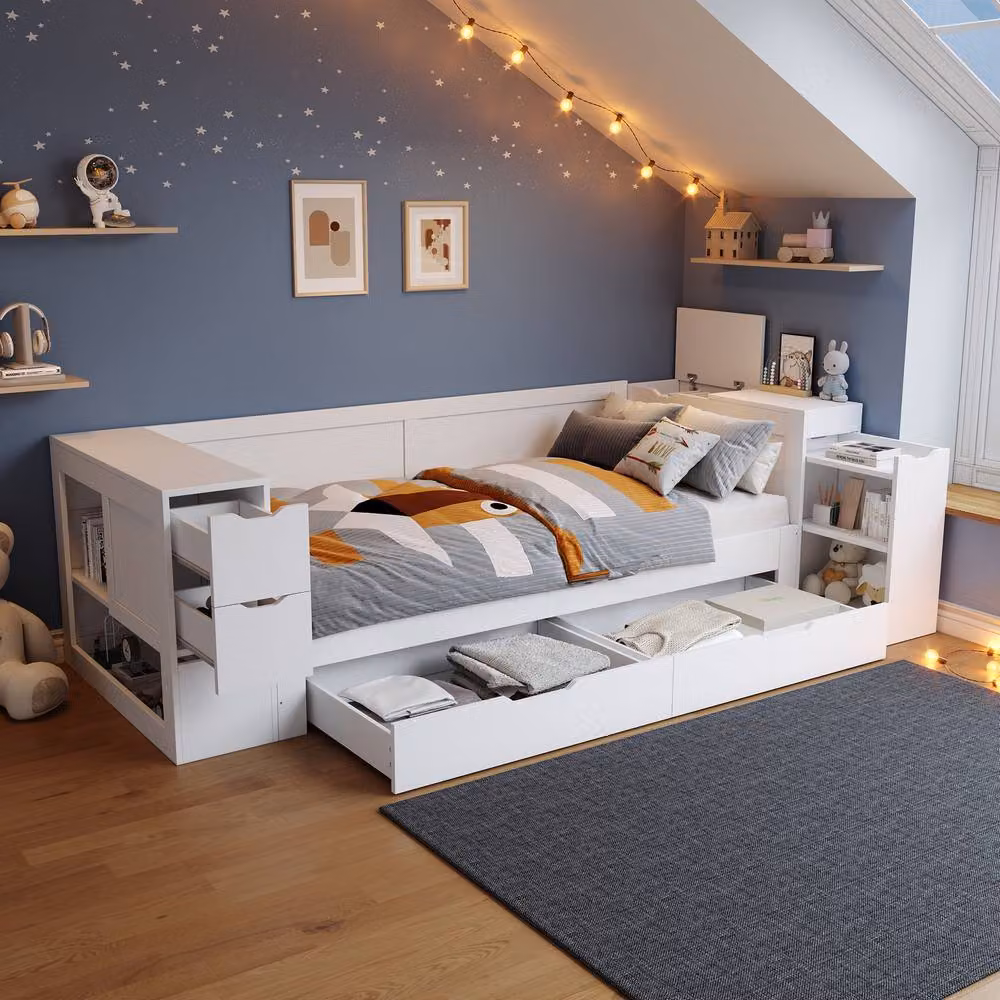 STILVORA Single Day Bed with Drawers and Shelves, White, W/D/H: 90 x 190 cm – 2