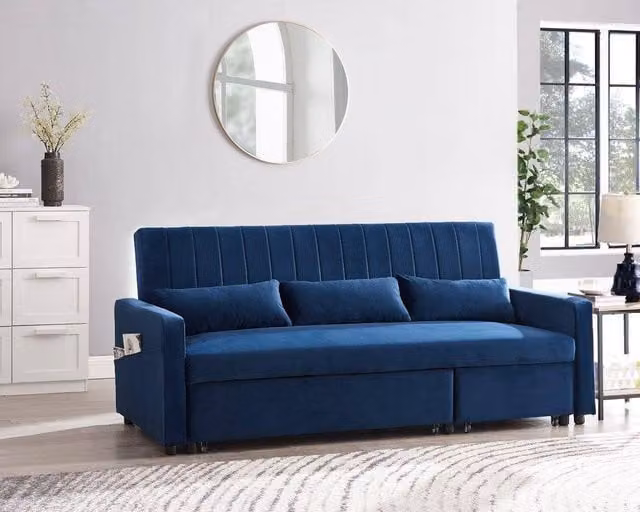 Home Detail Devon Dark Blue Velvet Pull Out Sofa Bed with Ribbed Fabric Detailing, Side Pocket Storage and Scatter Cushions, 120 x 200 cm